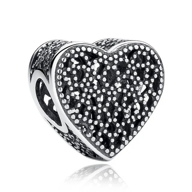 100% Authentic 925 Sterling Silver Heart Shape Charm Beads Fit pandora Charm Bracelet DIY Original Silver Jewelry