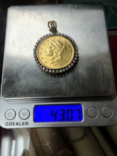 1891 S $20 Twenty Dollar Liberty Head Gold Coin Set in 14K 585 Diamond Pendant