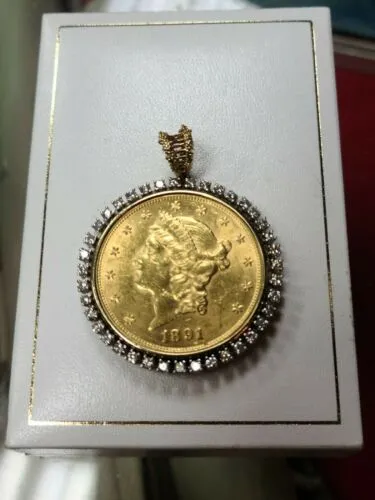 1891 S $20 Twenty Dollar Liberty Head Gold Coin Set in 14K 585 Diamond Pendant