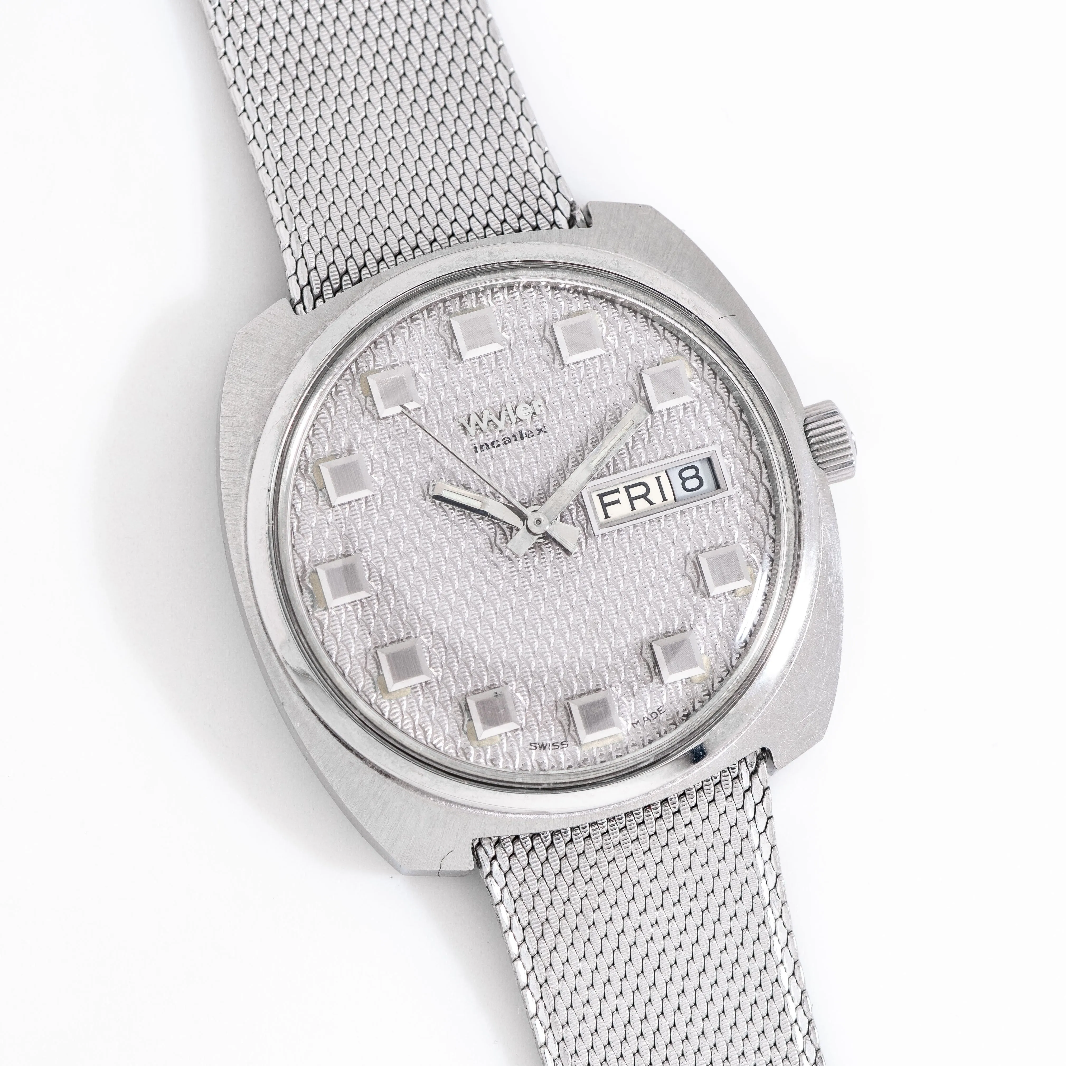 1960's Vintage Wyler Incaflex Day Date Guilloché Dial Ref. 1-4105 Watch in Stainless Steel (# 14962)