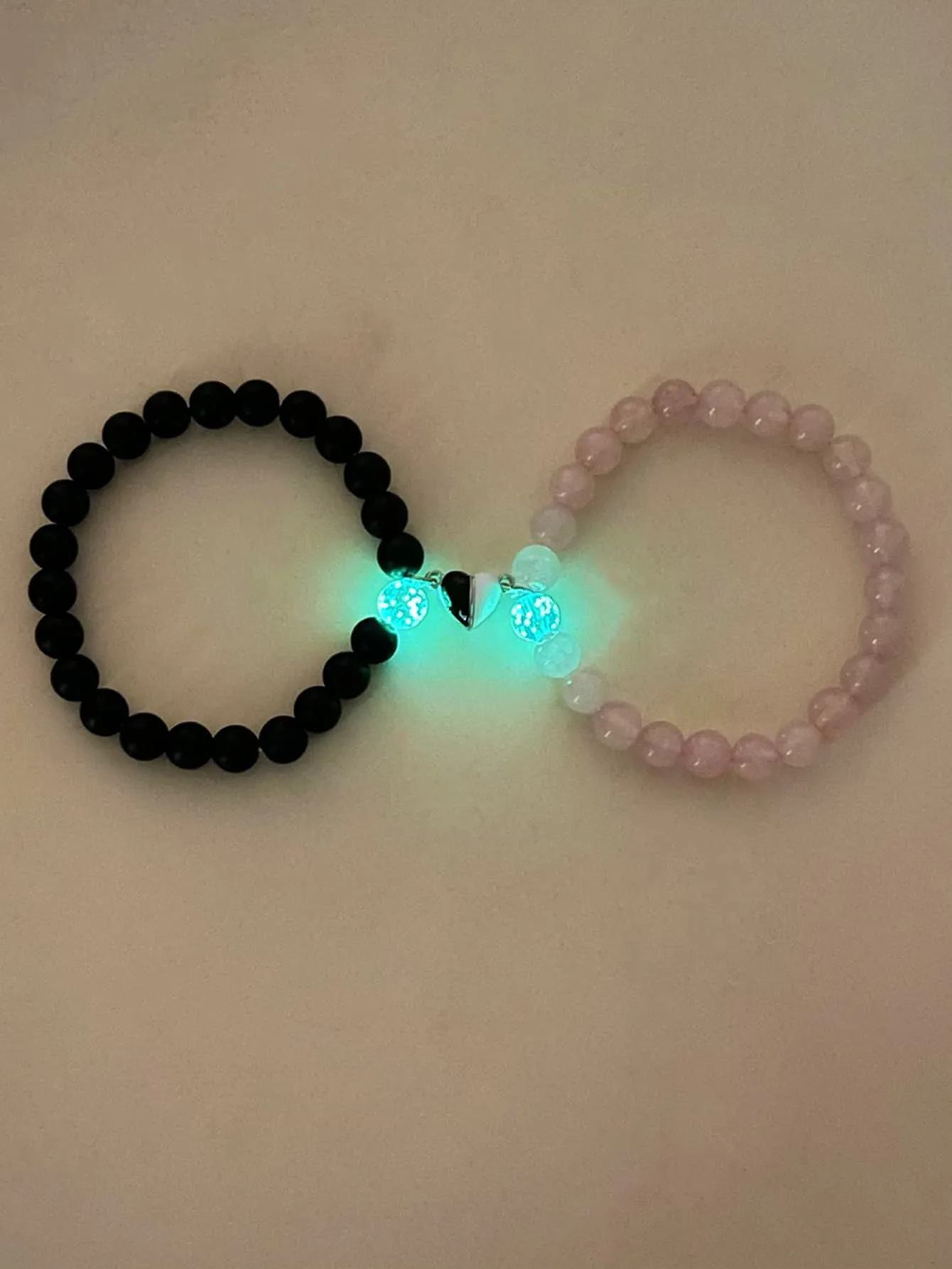 2pcs Couple Glow In The Dark Magnetic Heart Charm Pink and Black  Beaded