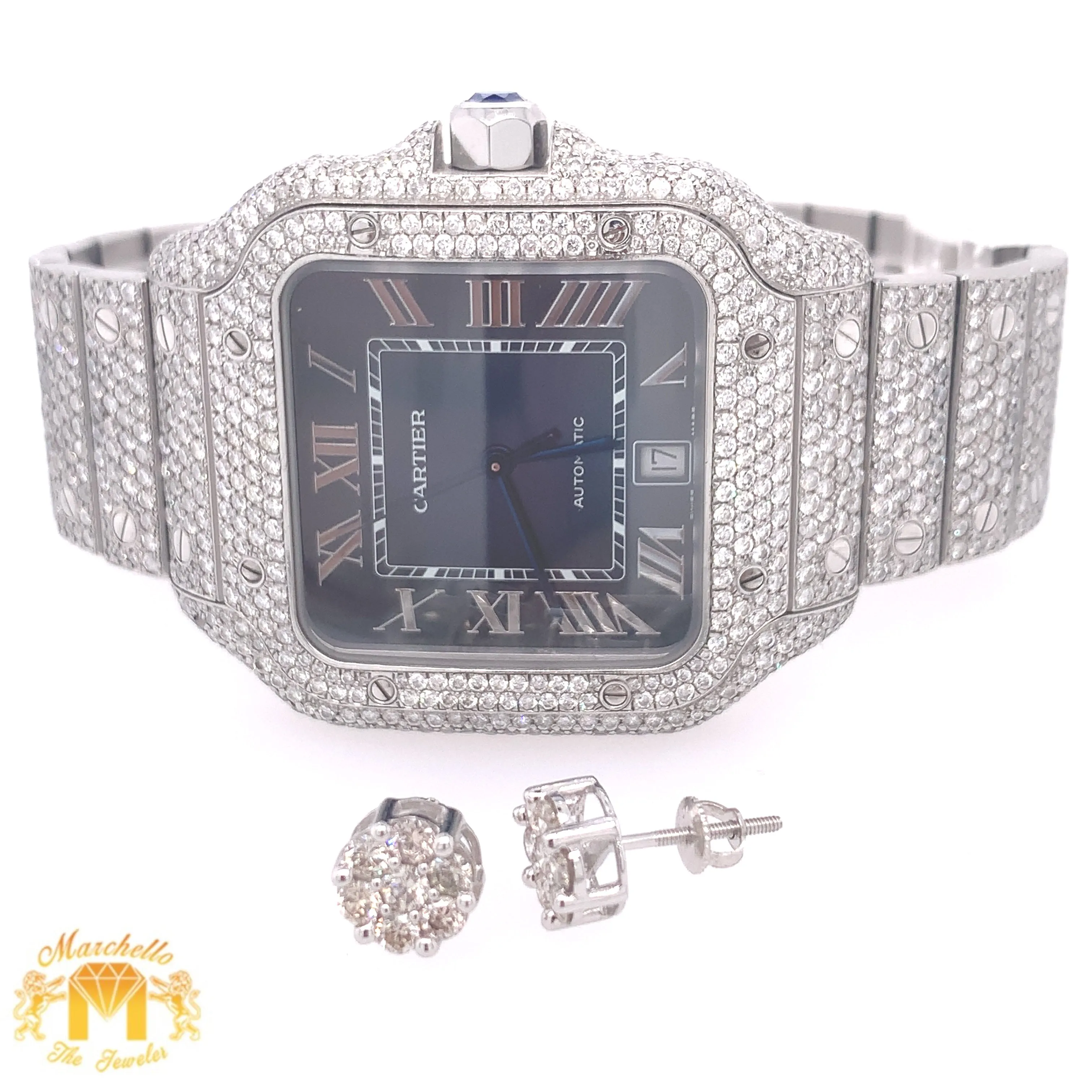 40mm Santos de Cartier Iced out Stainless Steel Watch and 1ct Diamond Earrings (blue dial)