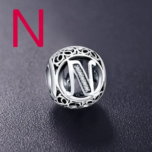 ANFASNI Authentic 925 Sterling Silver Vintage Clear Letter Bead Charms Fit Original Pandora Women Charm Bracelets Silver Jewelry