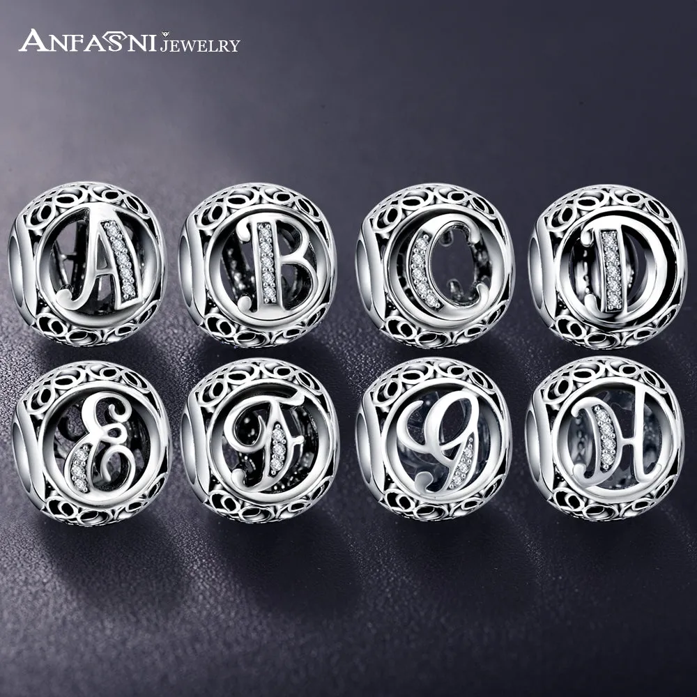 ANFASNI Authentic 925 Sterling Silver Vintage Clear Letter Bead Charms Fit Original Pandora Women Charm Bracelets Silver Jewelry