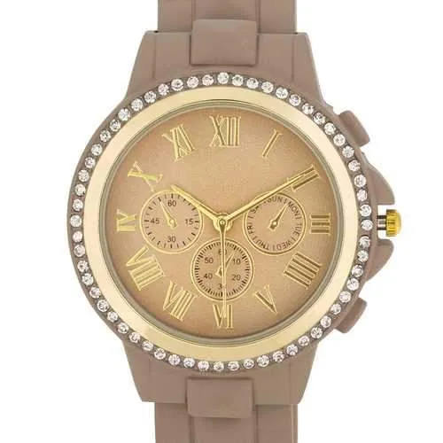 Ava Gold Taupe Metal Watch With Crystals