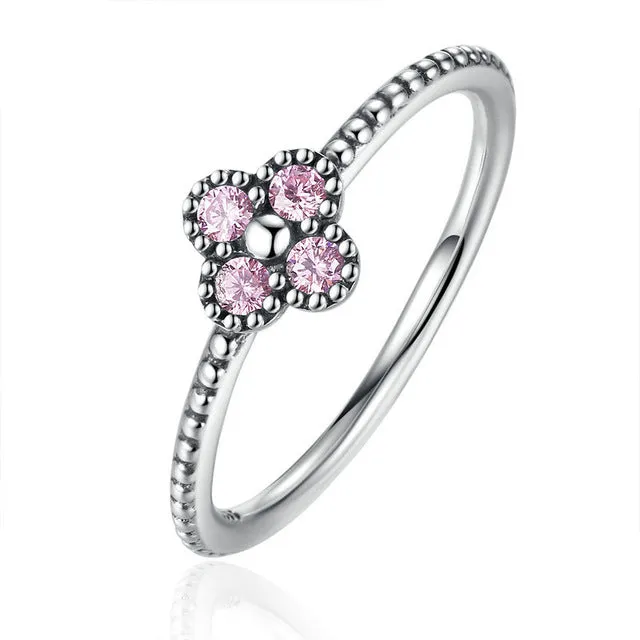 BAMOER 2 Color 100% 925 Sterling Silver Pink & White Clear CZ Romantic Clover Ring Women Fashion Jewelry PA7197