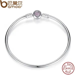 BAMOER Authentic 100% 925 Sterling Silver Snake Chain Heart Bangle & Bracelet Luxury Jewelry PAS904