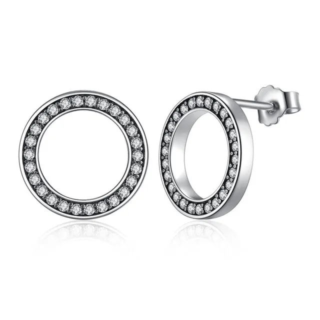 BAMOER Forever Clear CZ 925 Sterling Silver Circle Round Stud Earrings with Cubic Zirconia Fine Jewelry Bijoux PAS437