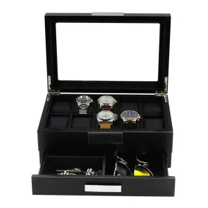 Black Wooden Watch Box for 10 Watches with a Drawer