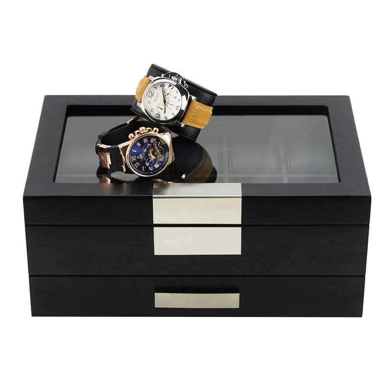 Black Wooden Watch Box for 10 Watches with a Drawer