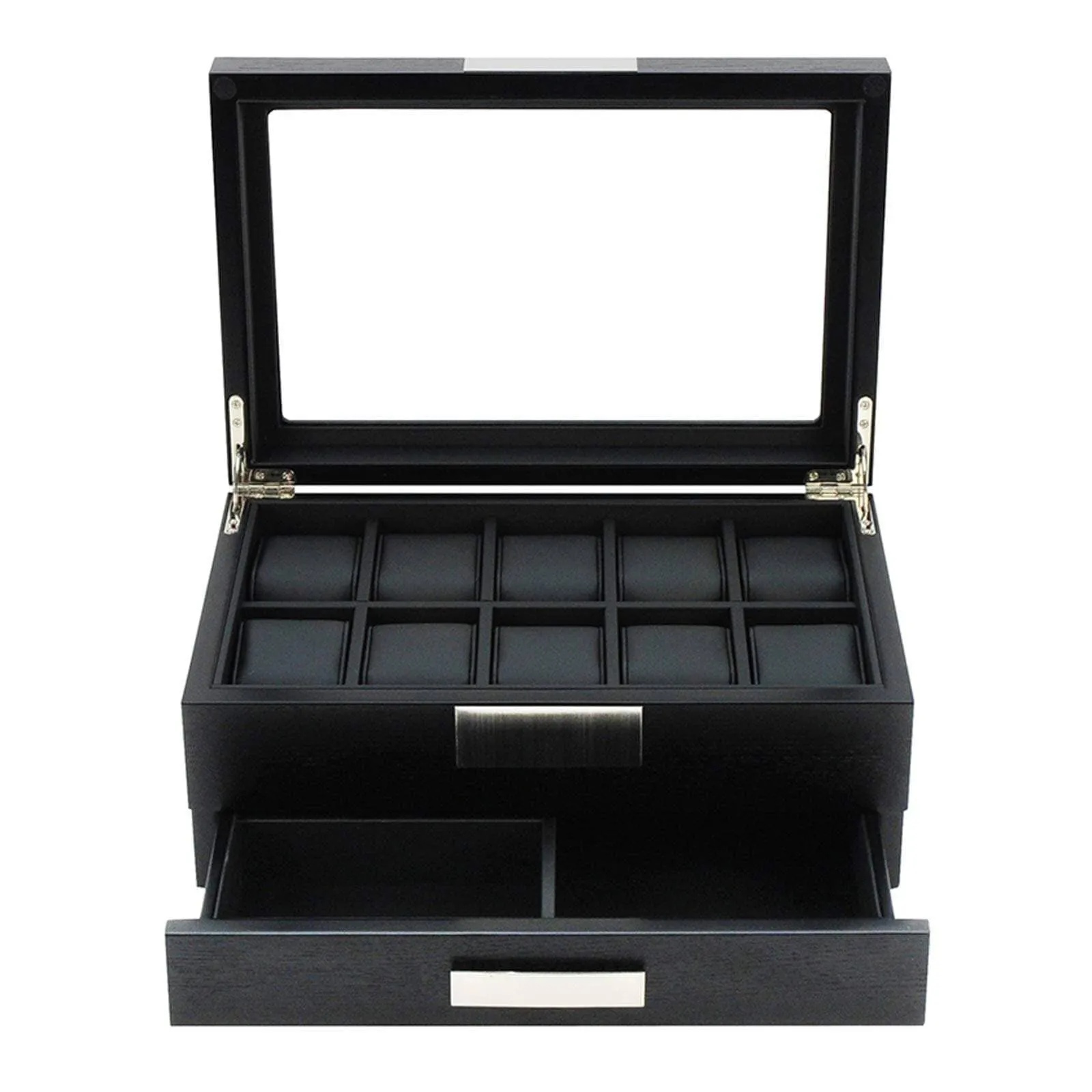 Black Wooden Watch Box for 10 Watches with a Drawer