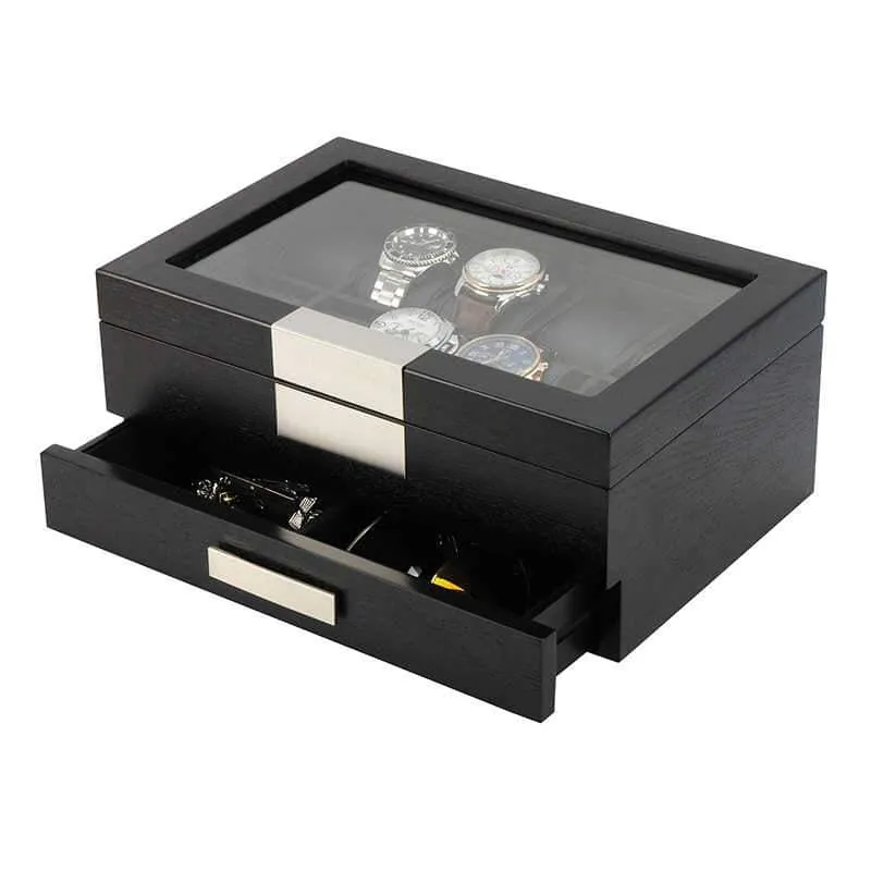 Black Wooden Watch Box for 10 Watches with a Drawer