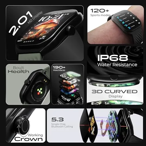 Boult Newly Launched Trail Smart Watch 2.01'' 3D Curved HD Display, BT Calling, Working Crown, 190 Watchfaces, 500 Nits Brightness, AI Voice Assistant, SpO2 Monitoring, 120  Sports Mode (Jade Green)