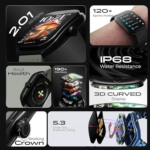 Boult Newly Launched Trail Smart Watch 2.01'' 3D Curved HD Display, BT Calling, Working Crown, 190 Watchfaces, 500 Nits Brightness, AI Voice Assistant, SpO2 Monitoring, 120  Sports Mode (Raven Black)