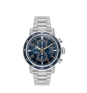 Citizen - Eco Drive Mens Silver Chronograph Stainless Steel Band Blue Sunray Quartz Dial Watch - CA0647-52L