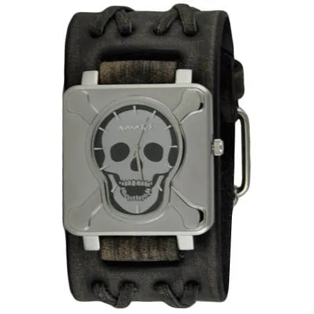 Cross Bones Skull Black Watch with Double X Distressed Black Leather Cuff VDXB930K