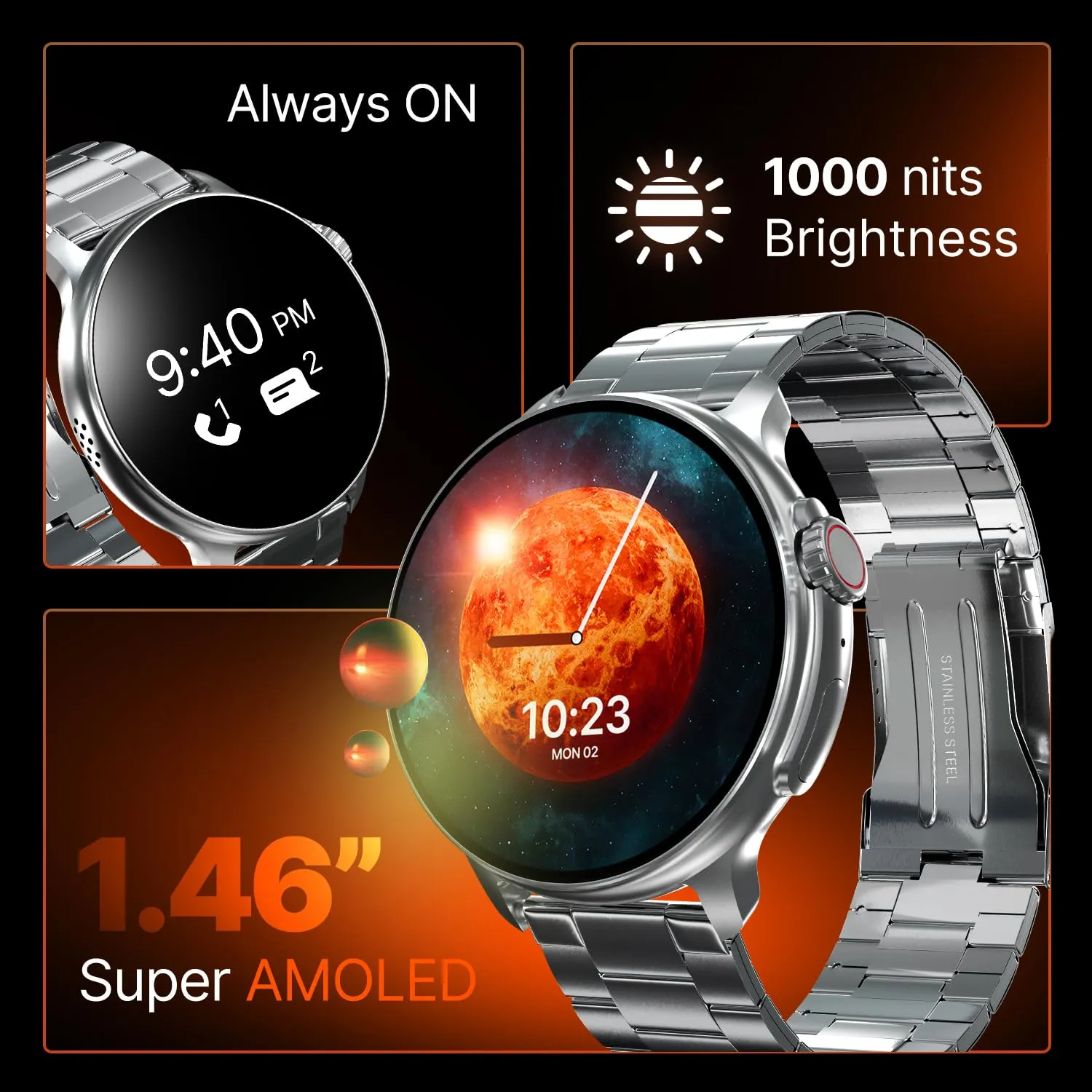 CrossBeats Aura Round 1.46" Super AMOLED Metal Smart Watch, Always On, Advanced AI ENC Bluetooth Calling, in-Built Games, Fast Charge, Rotating Crown, 123  Sports Modes, 454 × 454 Pixel