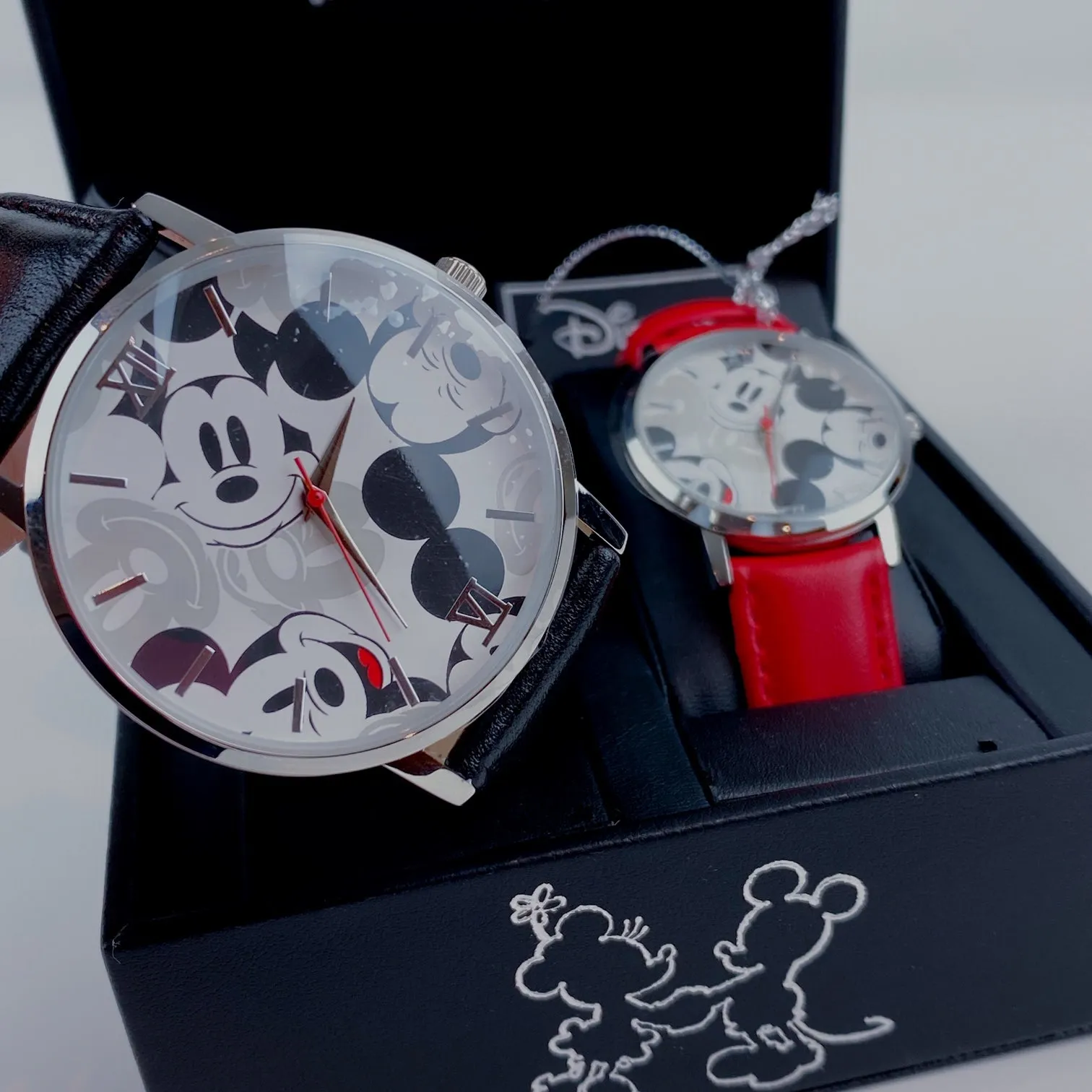 Disney Mickey & Minnie Mouse Watch for Couple His and Hers Red & Black Leather Strap Watches Box Set