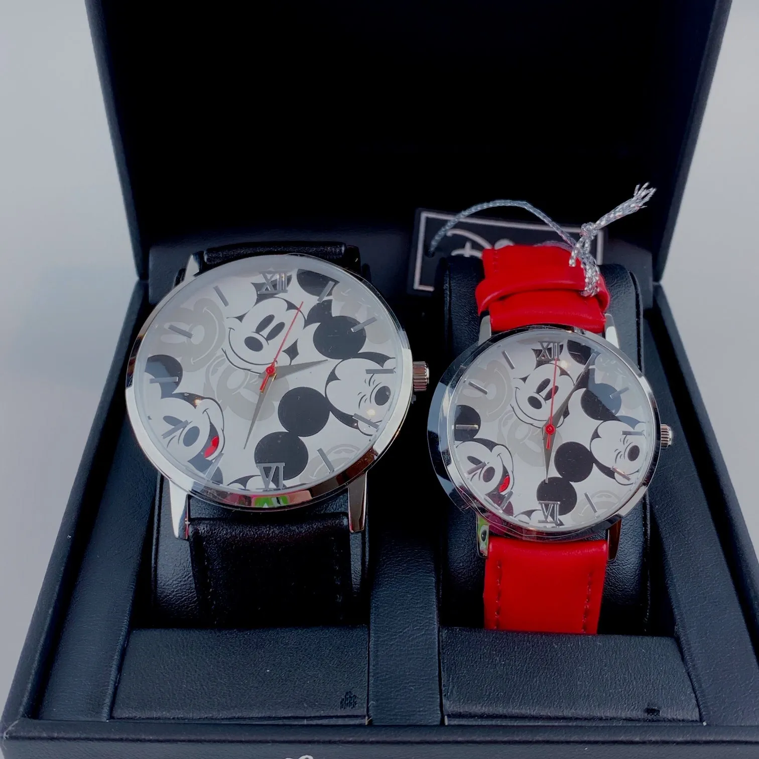 Disney Mickey & Minnie Mouse Watch for Couple His and Hers Red & Black Leather Strap Watches Box Set