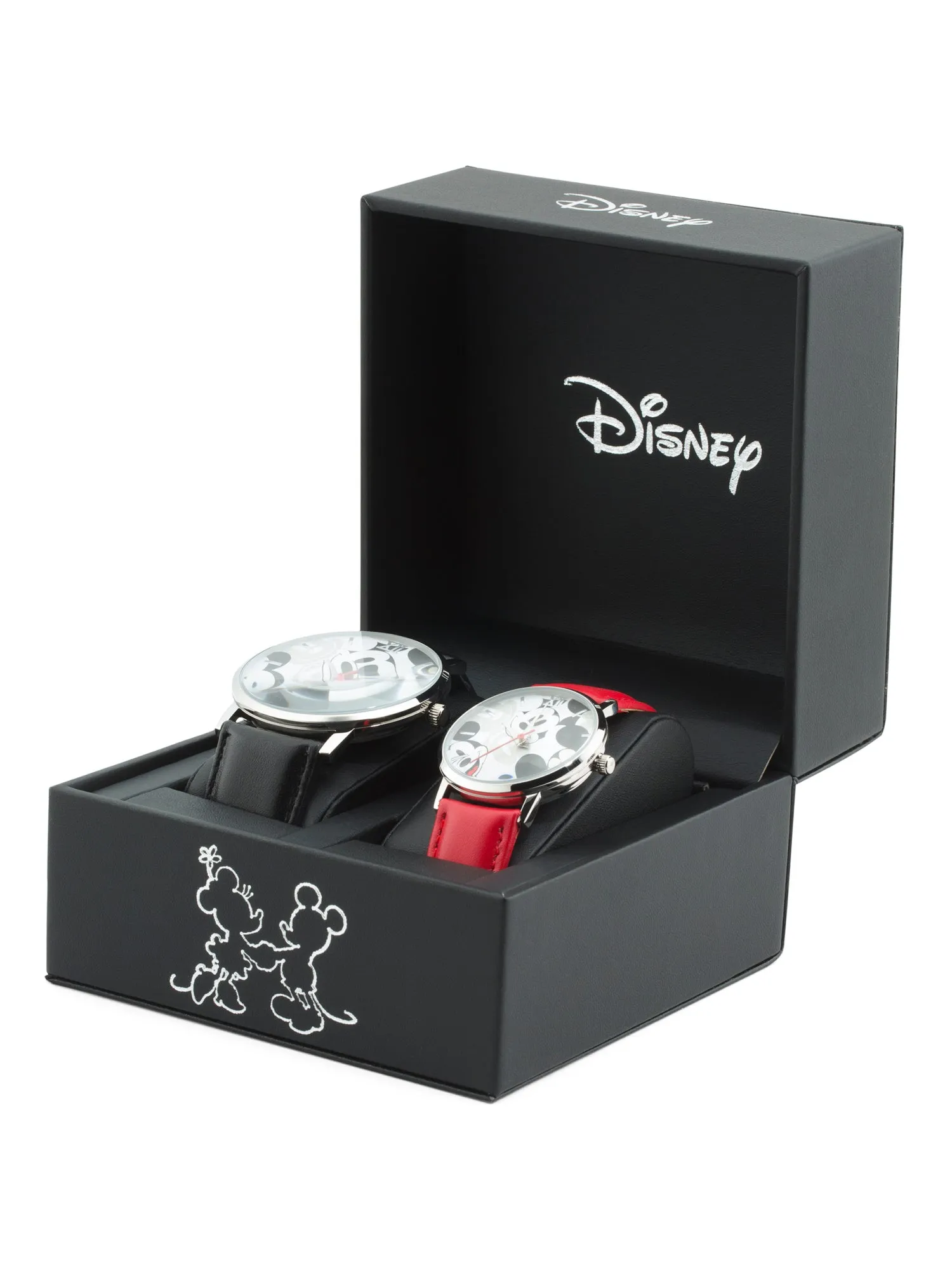 Disney Mickey & Minnie Mouse Watch for Couple His and Hers Red & Black Leather Strap Watches Box Set