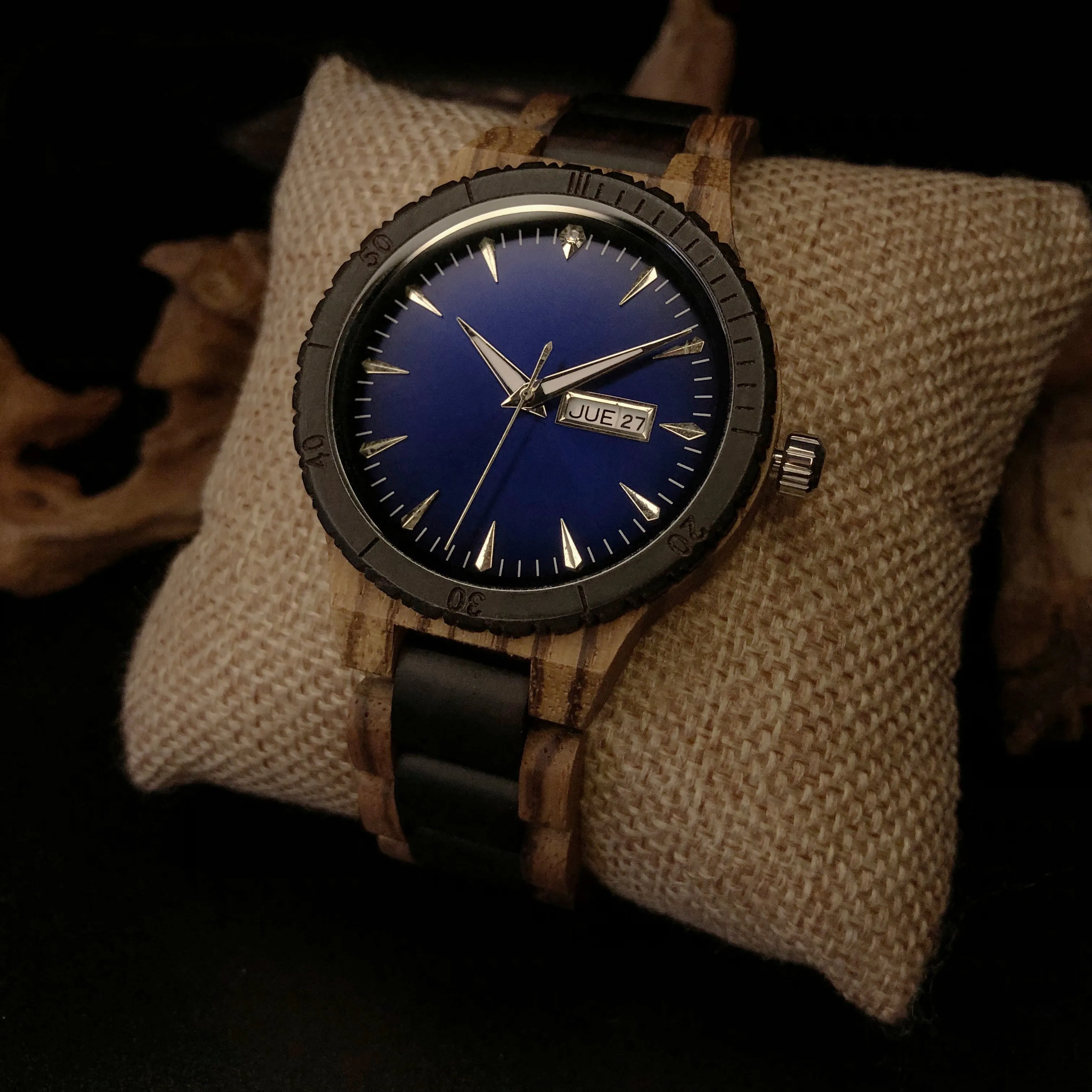 Dublin - Blue Face Zebrawood & Ebony Minimal Watch