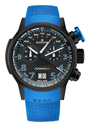 Edox Chronorally Chronograph Black PVD Titanium Black Dial Blue Rubber Strap Day/Date Quartz Mens Watch 38001-TINNBU3-NIBU3