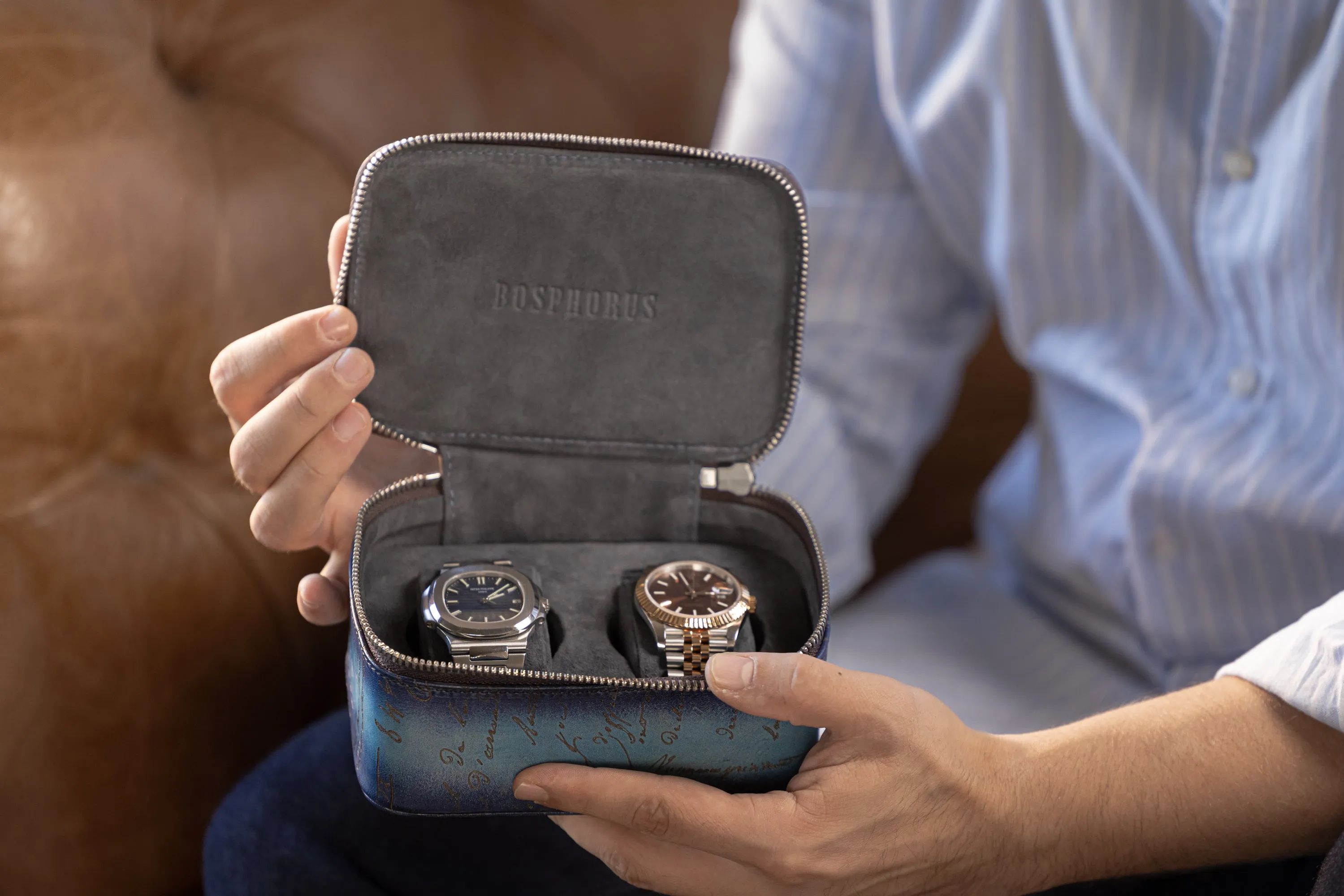 Ephesus Watch Case - Parchment Patina Sky Blue For 2 Watches