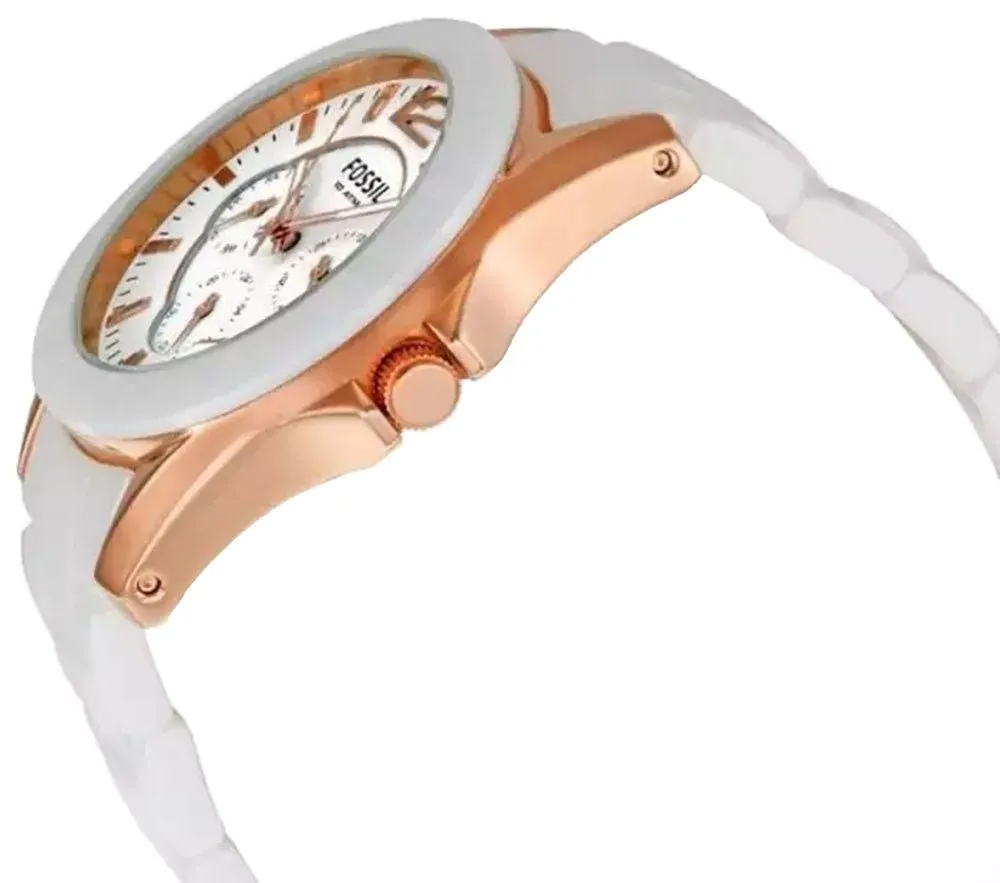 Fossil White Ceramic Rose Gold-Tone Stainless Steel White Dial Multi-Function Day-Date Quartz Womens Watch CE1006