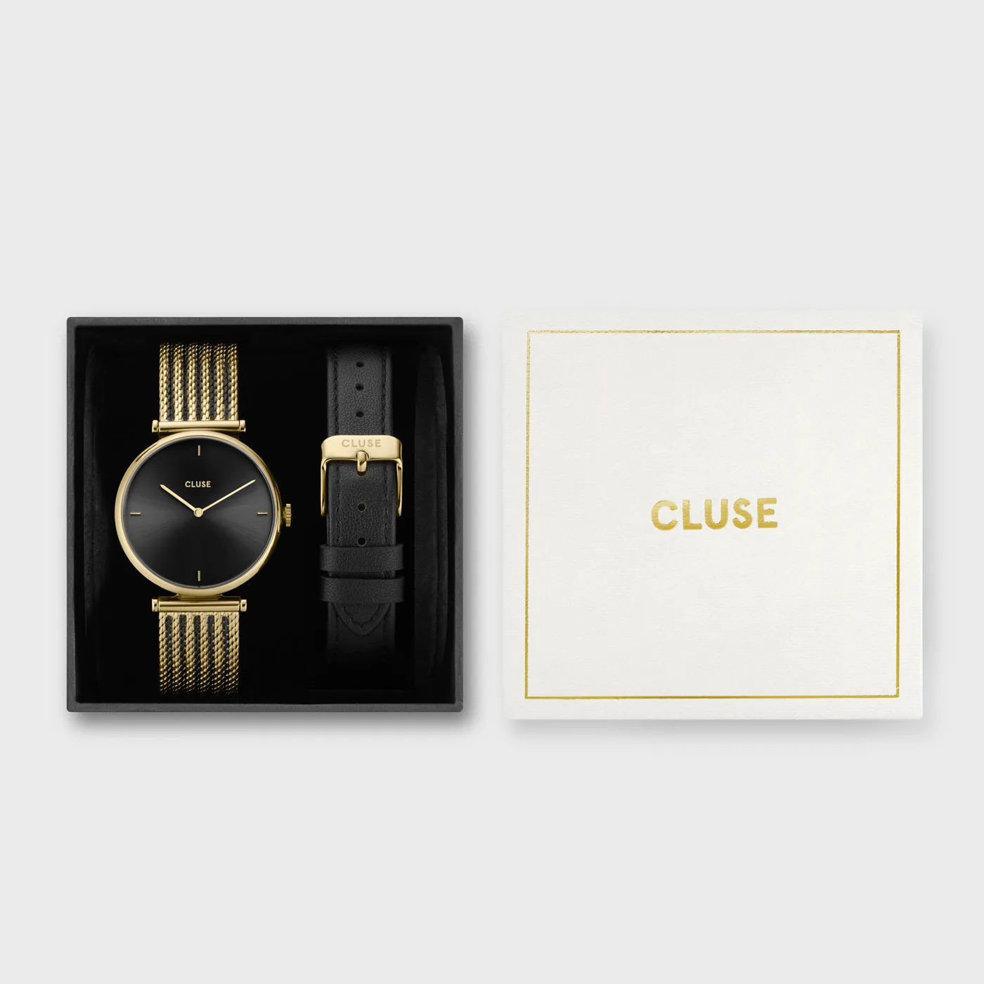 Gift Box Triomphe Mesh, Gold Colour & Black Leather Strap