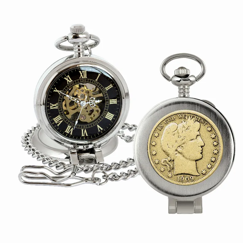 Gold-Layered Silver Barber Half Dollar Coin Pocket Watch with Skeleton