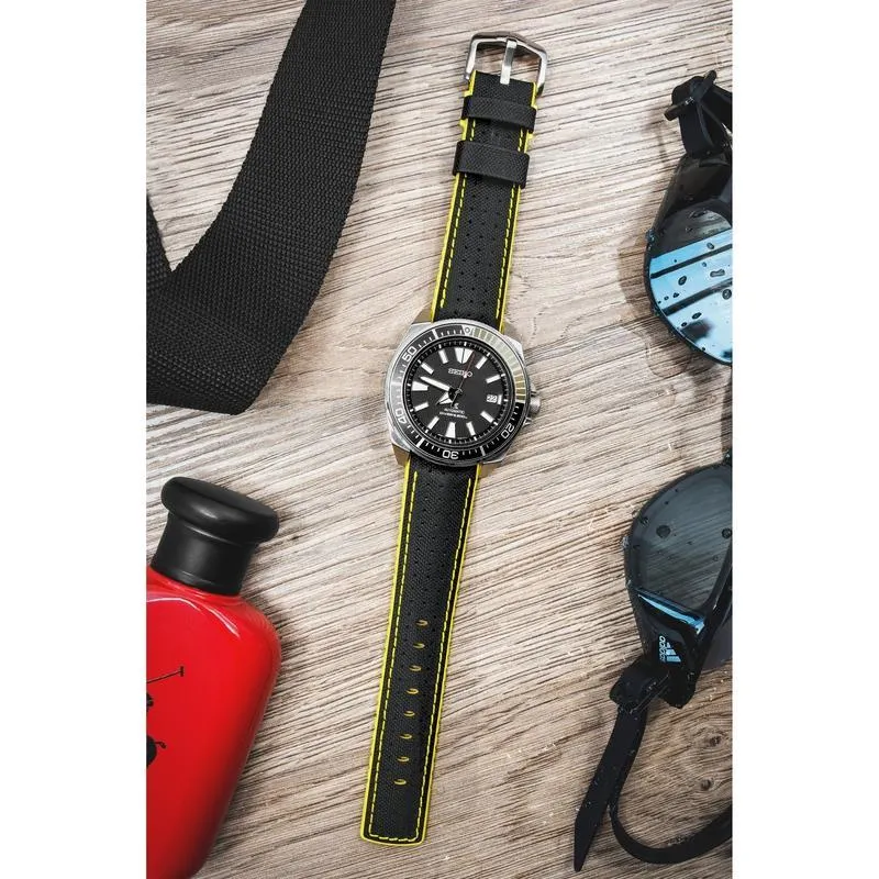 Hirsch ROBBY Sailcloth Effect Performance Watch Strap in BLACK / YELLOW