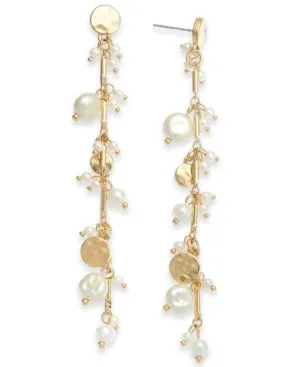 Inc Gold-Tone Disc and Imitation Pearl Shaky Linear Drop Earrings