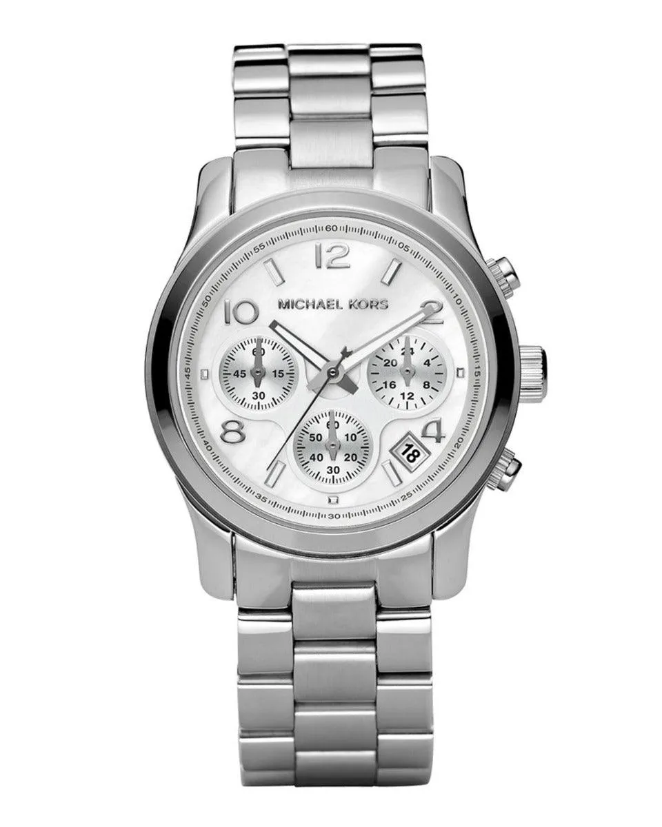 Michael Kors Ladies Silver-Tone Chronograph Runway Designer Watch MK5076