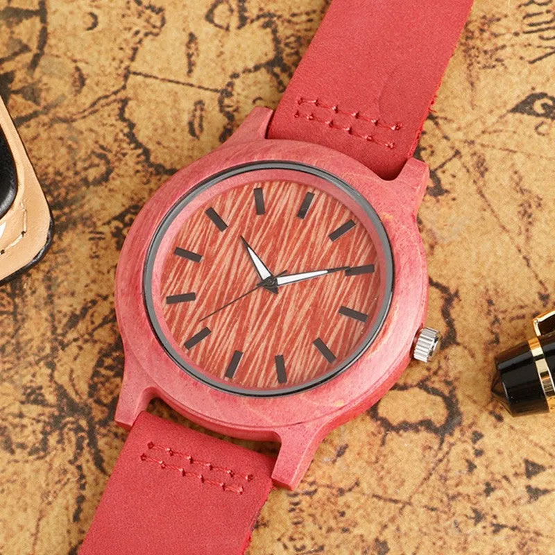 Natural Red & Pink Handmade Genuine Leather Bamboo Watch