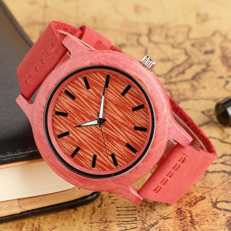 Natural Red & Pink Handmade Genuine Leather Bamboo Watch