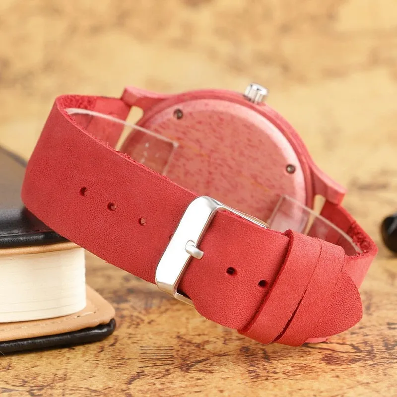 Natural Red & Pink Handmade Genuine Leather Bamboo Watch