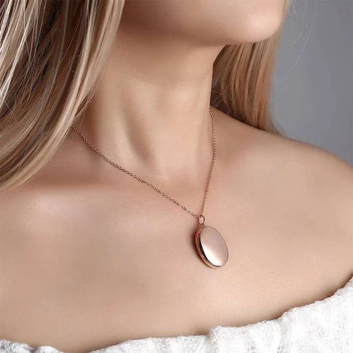 Oval Photo Locket Necklace With Engraving Rose Gold Plated