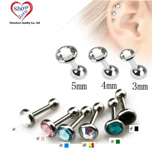 Showlove-Gem Ear Piercing Lip Body Helix Tragus Lobe Barbell Bar Earrings Ear Studs Piercing 3mm&4mm&5mm Choosable