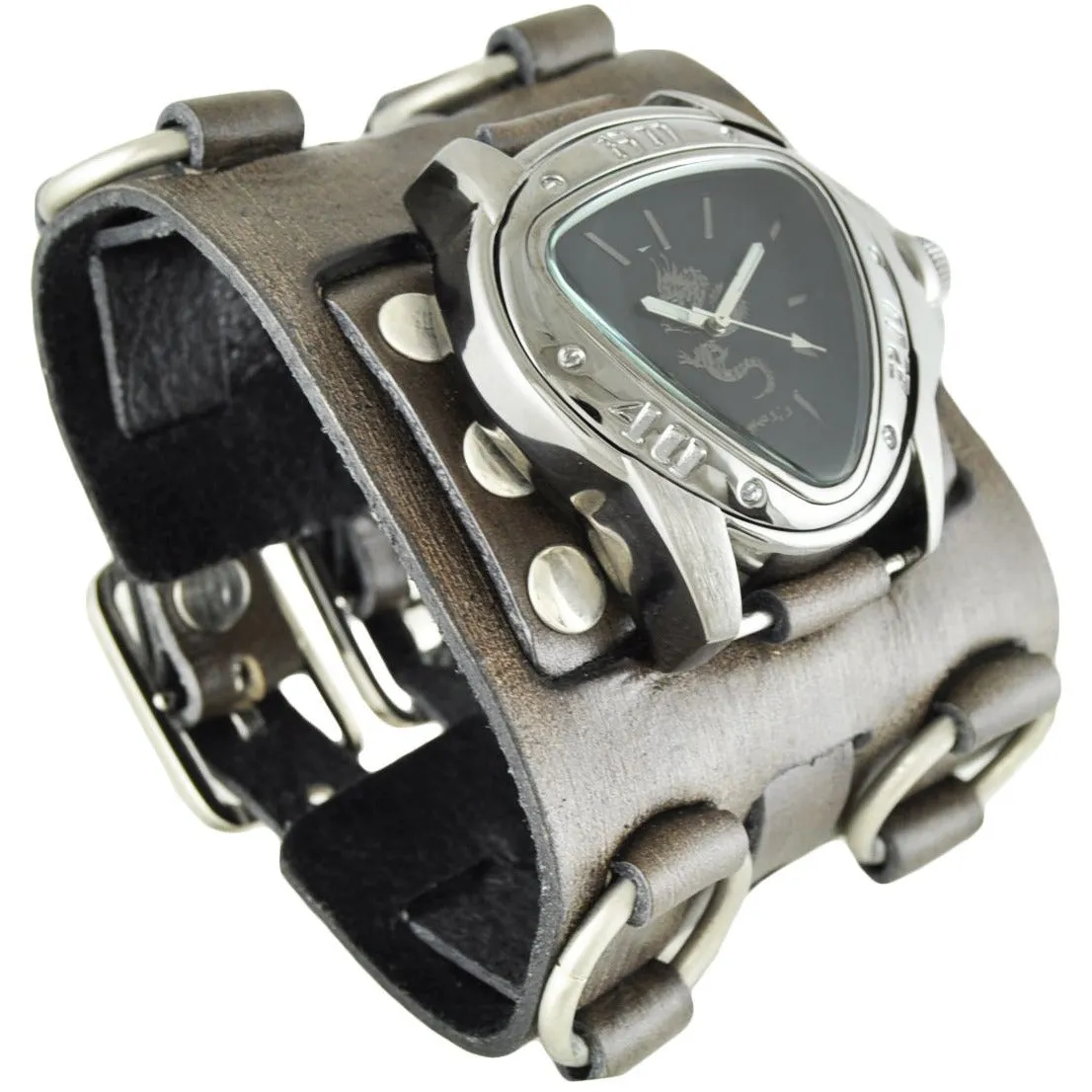 Silver Dragon Gunmetal Black Watch with Double Ring Distressed Brown Leather Triple Strap Cuff