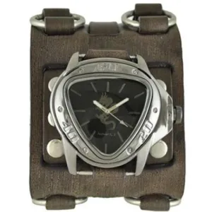 Silver Dragon Gunmetal Black Watch with Double Ring Distressed Brown Leather Triple Strap Cuff