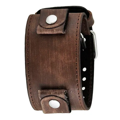 Stitched Distressed Brown Leather Wide Cuff