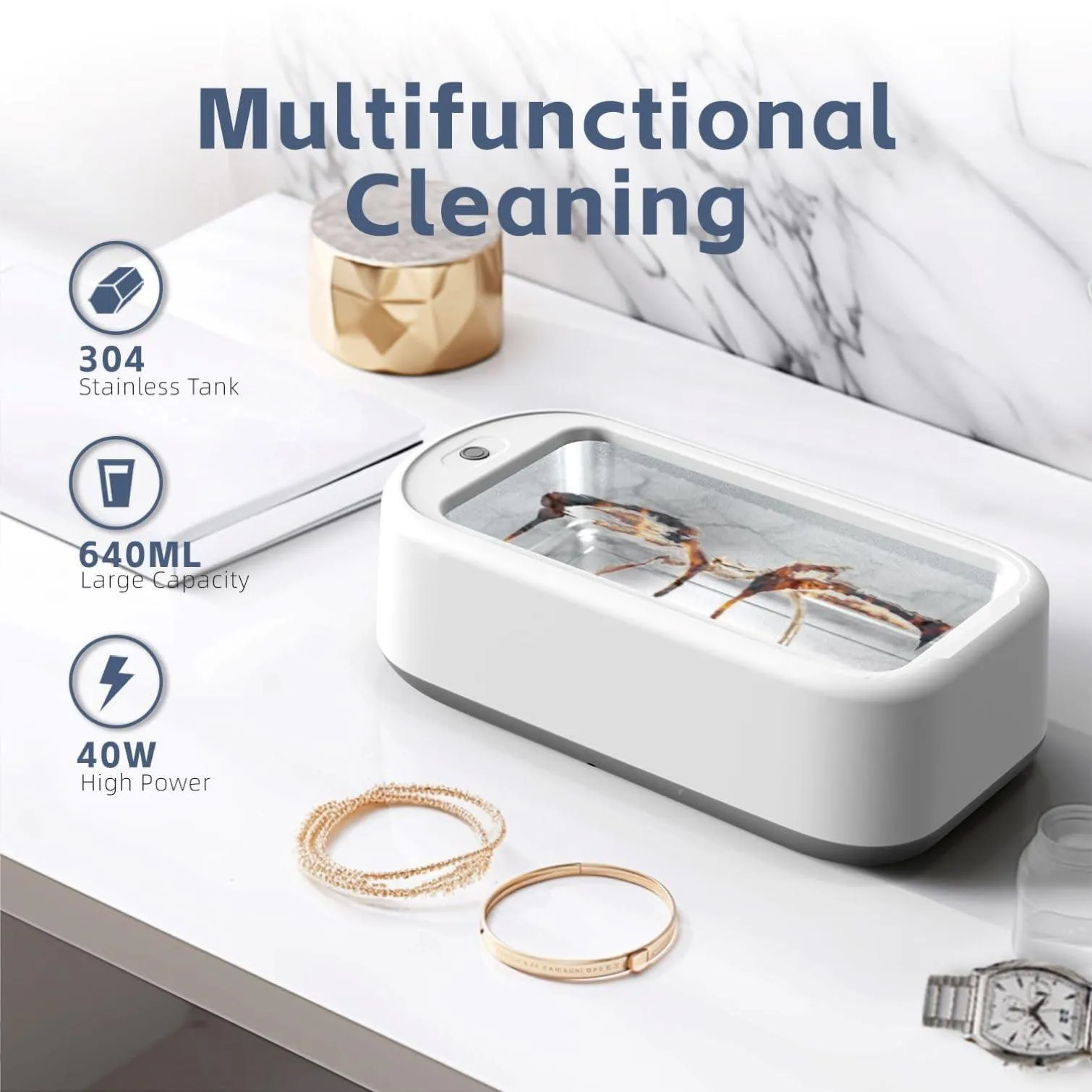 Ultrasonic Jewelry Cleaner Polishes 48kHz 40W 640ml Professional Ultrasonic Cleaner Machine for Watches Glass Rings Makeup Brush