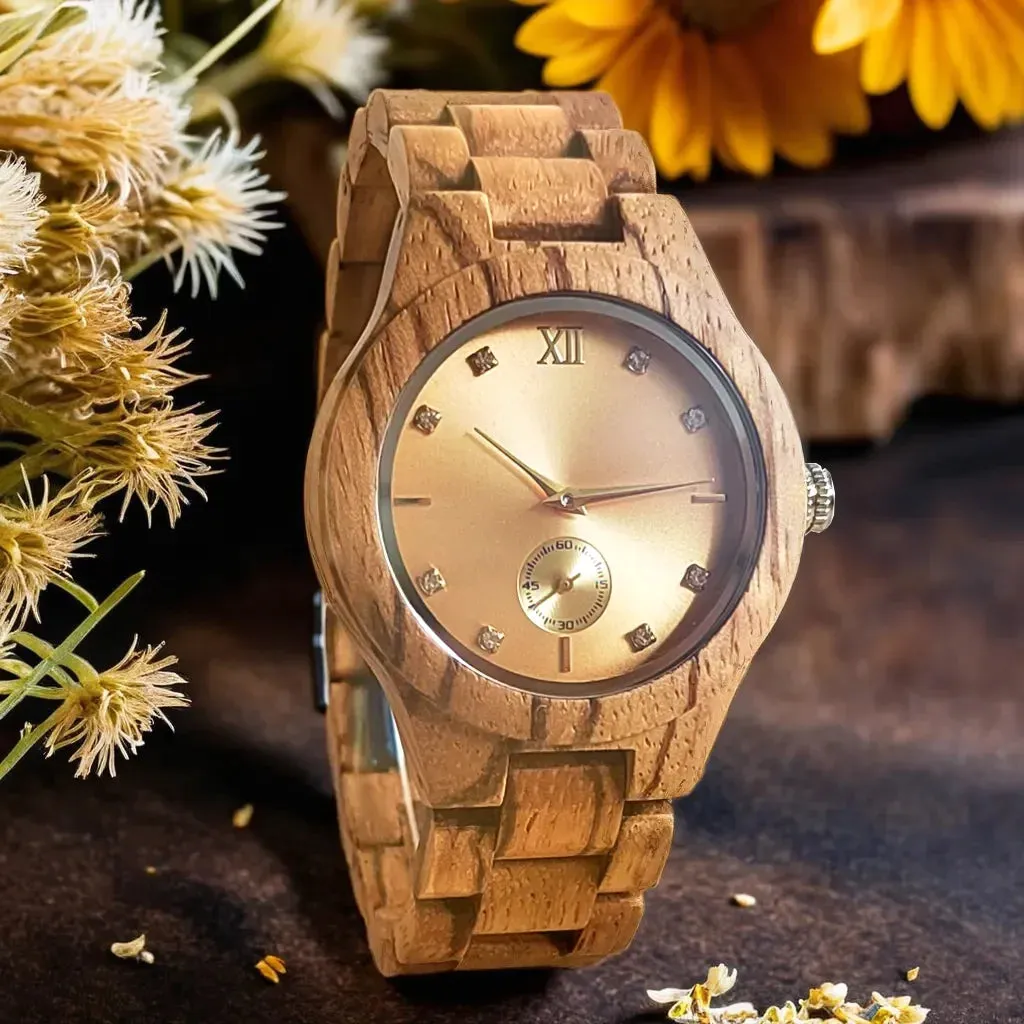 Women's Fashion Simulated Diamond Dia Clock Stylish simplicity Quartz Wooden Viking Watch